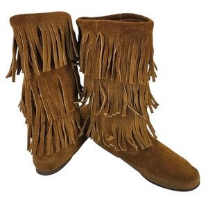 Minnetonka Brown Suede 3 Tier Fringe Moccasin Pull On Boots Sz 10 No Inserts